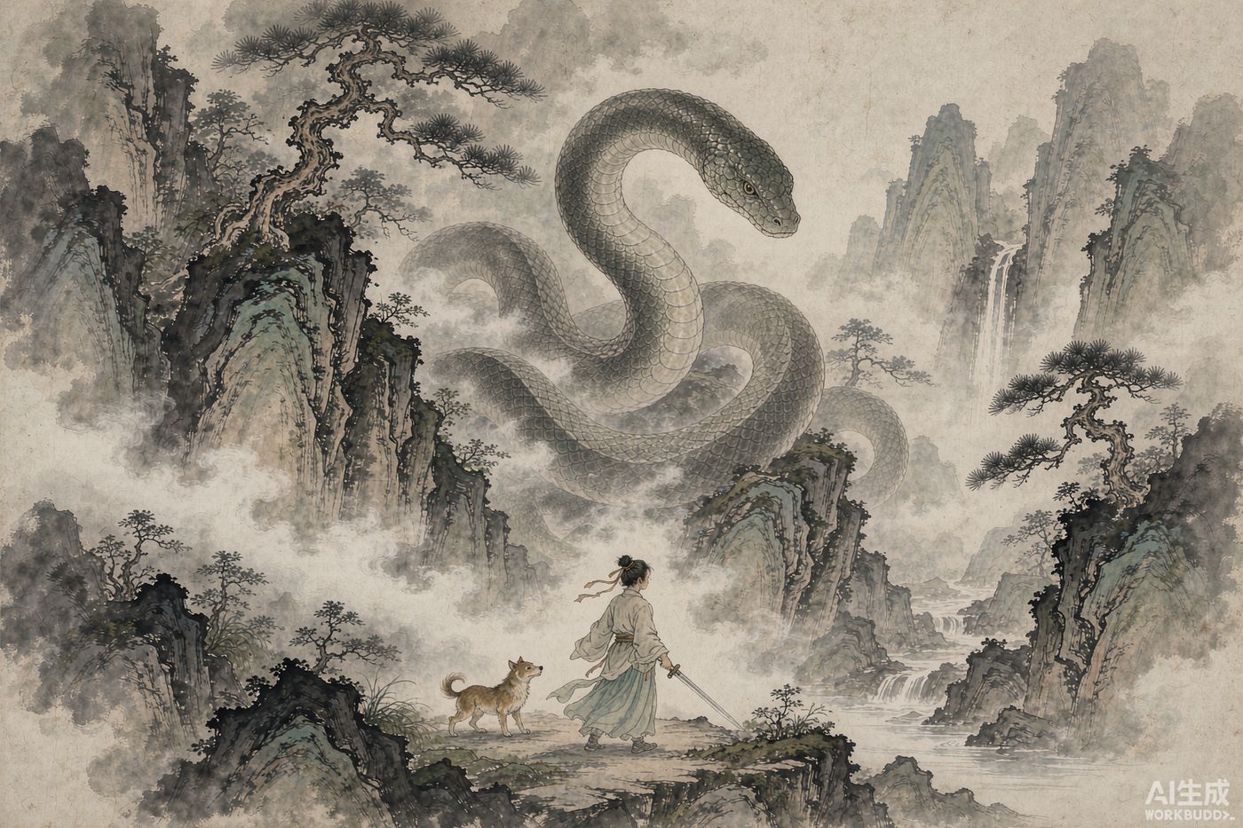A young girl with a long sword facing an enormous serpent coiled among cliffs and pines, ink wash painting