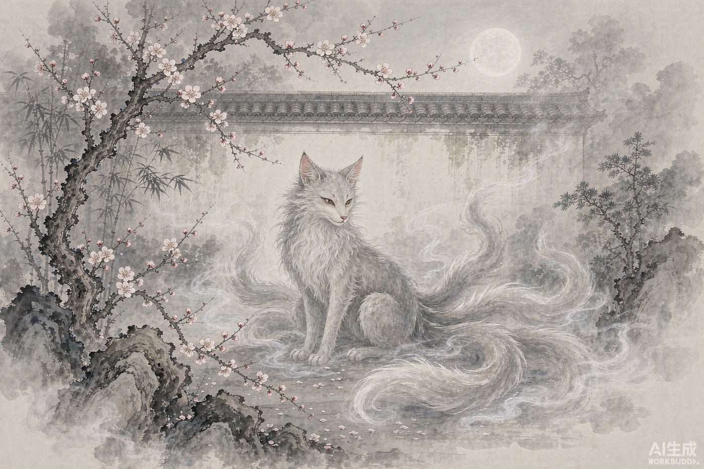 A nine-tailed fox spirit seated in a moonlit garden of plum blossoms, ink wash painting