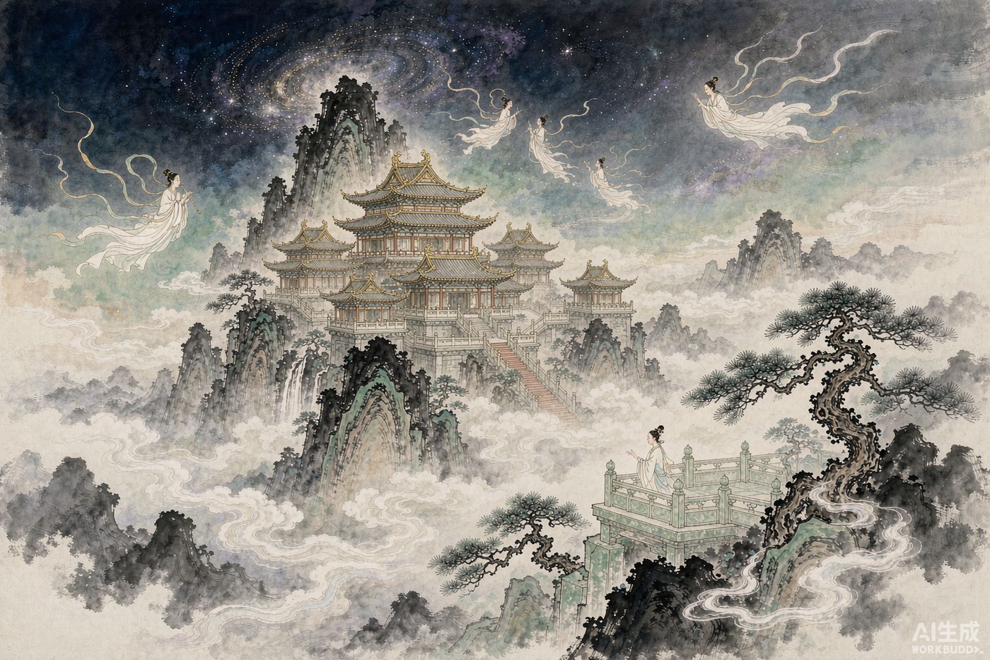 A celestial mountain palace rising above a sea of clouds, ink wash painting