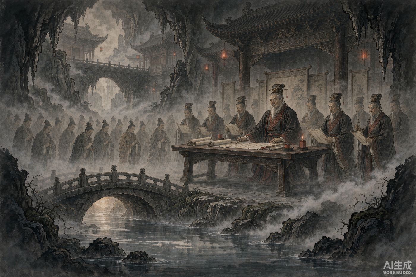 A solemn otherworldly court of judgment beneath the earth, ink wash painting